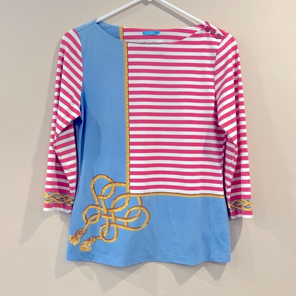 🔥J.McLaughlin Striped Pink and Blue Top with Gold Accents🔥 - Picture 1 of 7